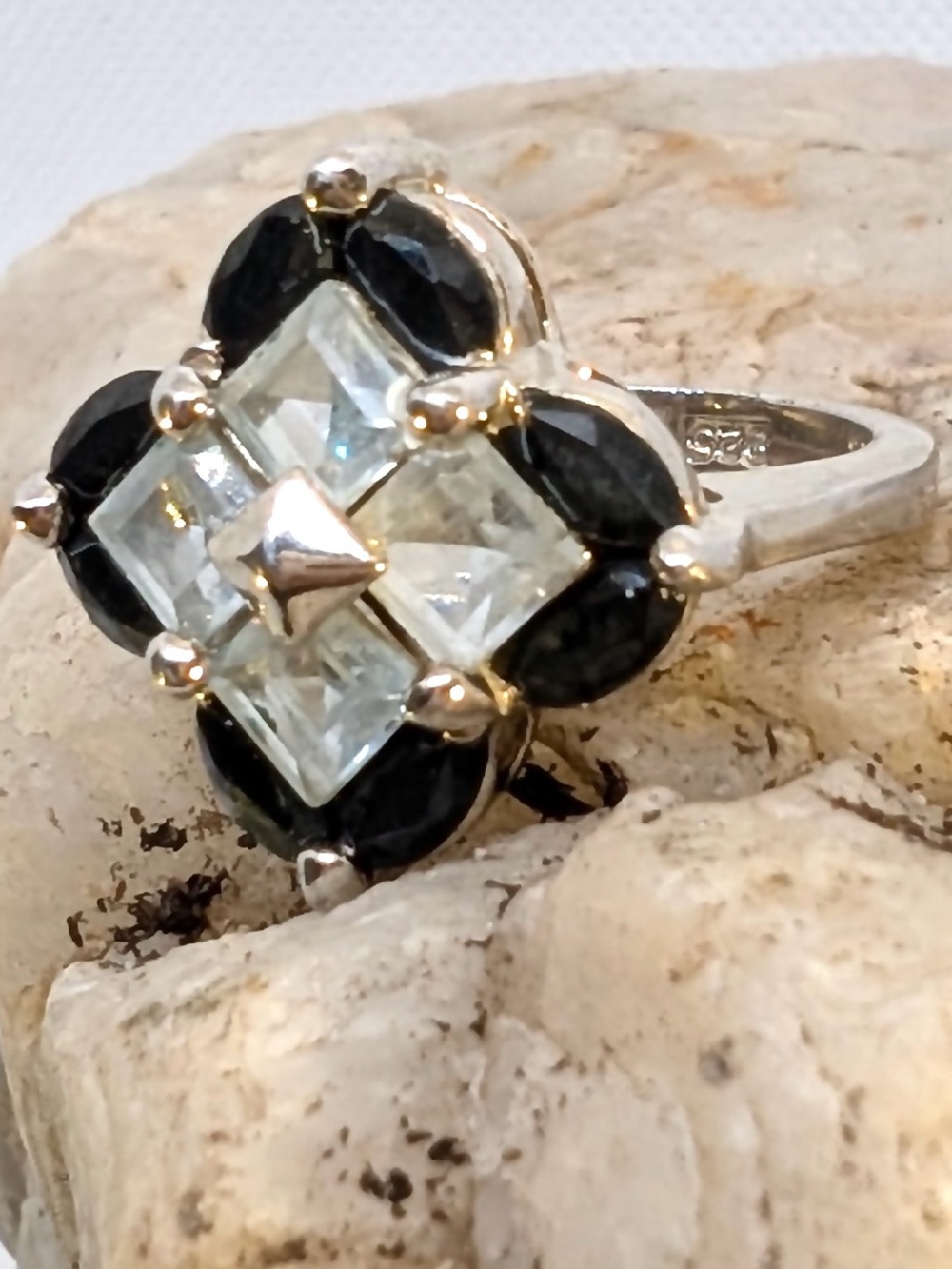 Rhodium over Sterling Black onyx and aquamarine baseball field Ring size 5